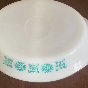 Vintage Glasbake Divided Casserole Dish J-2352 Milk Glass with Turquoise Pattern